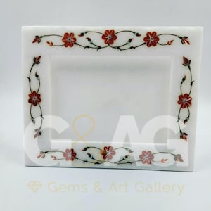 Handmade Marble Photo Frame with Real Gemstones | Pietre Dura Art Inlay Work (Size 10 x 8 Inches)