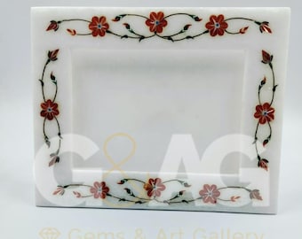 Handmade Marble Photo Frame with Real Gemstones | Pietre Dura Art Inlay Work (Size 10 x 8 Inches)