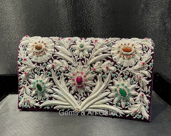 Luxury Zardozi Velvet Clutch with Semi-Precious Stones | Hand-Embroidered Floral Evening Bag | Wedding & Festive Purse | Made in Agra