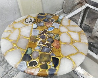 Round Table Top Multicolour Agate | River Inlay Gemstone Coffee Table Top | (Customisable)