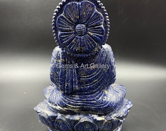 ラピスラズリ仏像 | 青い宝石彫刻 | 瞑想用装飾 | 5.5x8x2インチ