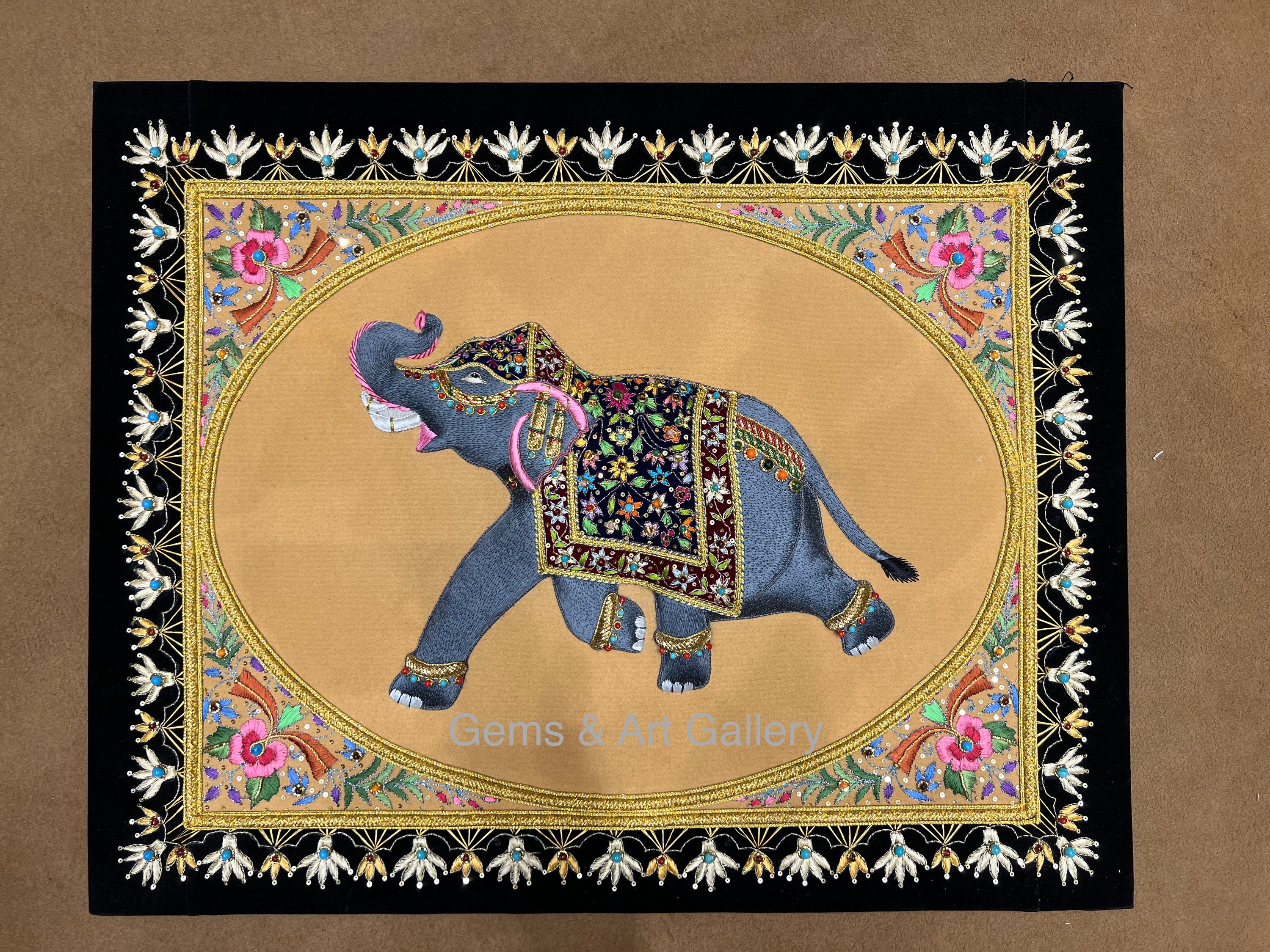 Royal Elephant Velvet Wall Hanging | Hand Embroidered Silk Art