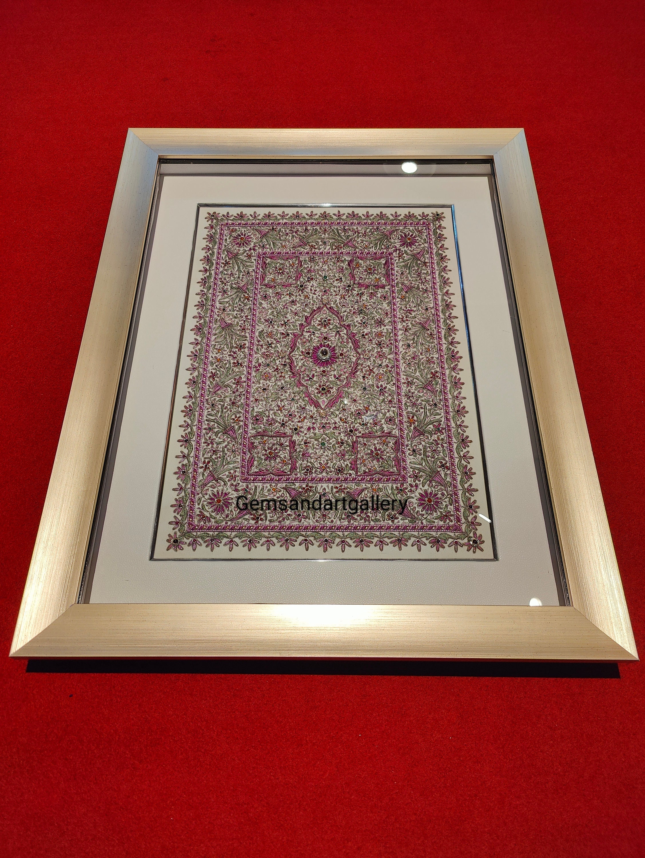 Leatherette Zardozi Gemstone Wall Art | Hand Embroidered Indian Tapestry | Real Gemstone Medallion | 23x29 Inches