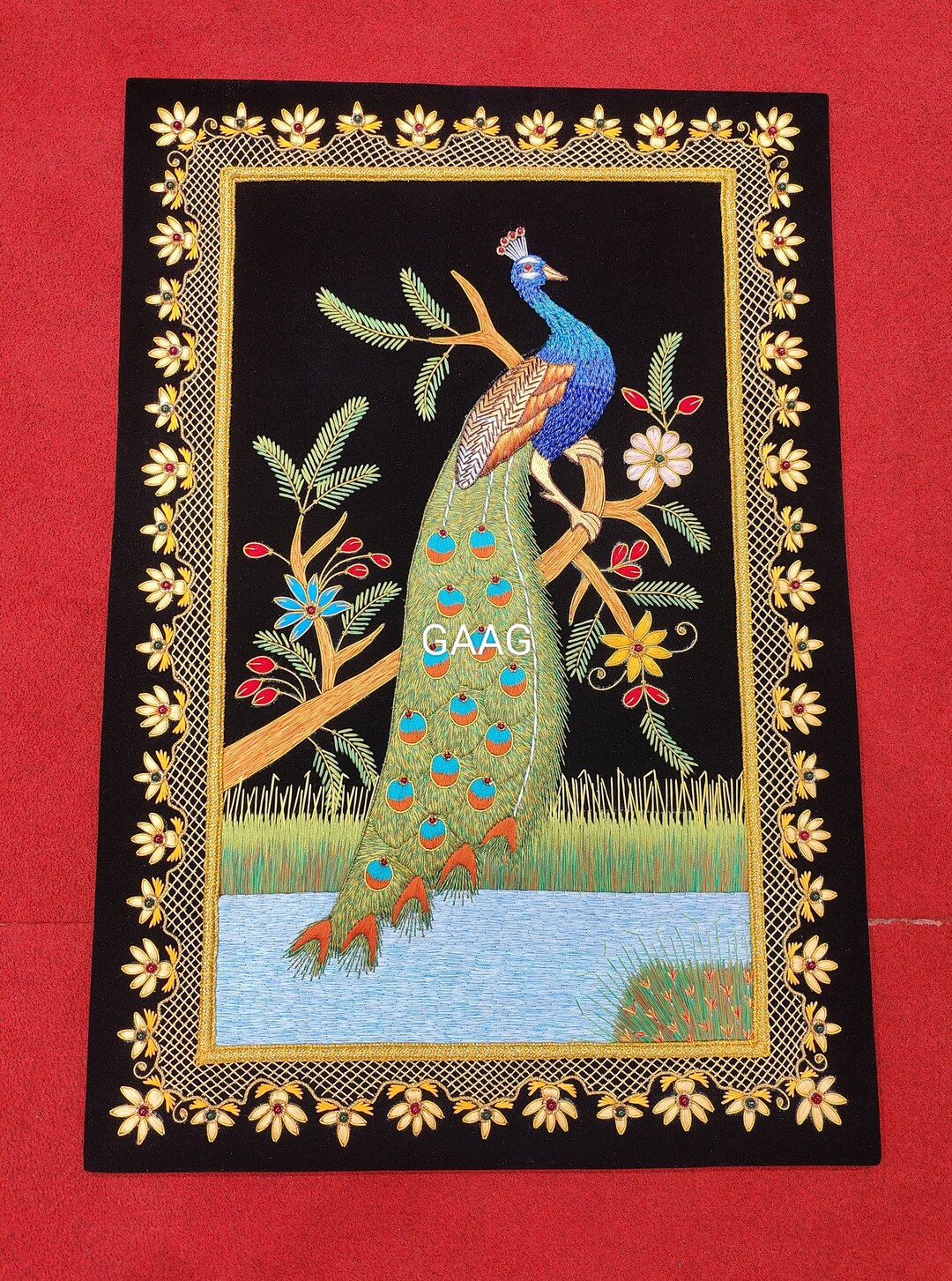 Colorful Peacock Silk Wall Art - Hand Embroidered With Gemstones