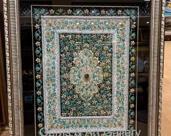 Turquoise Gold Zardozi Gem Tapestry | Framed Hand Embroidered Velvet Wall Art | Indian Floral Panel with Real Gemstones
