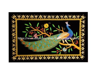 Silk Peacock Jewel Wall Hanging | Hand Embroidered with Gemstones on Black Velvet | Royal Art Décor | Size (76x51 cm)