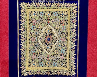 Blue Velvet Zardozi Wall Hanging | Hand Embroidered Gemstone Tapestry | Indian Gold Floral Art Decor