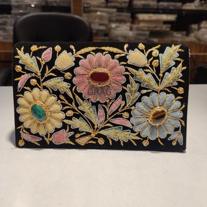 Luxury Zardozi Velvet Clutch with Semi-Precious Stones | Hand-Embroidered Floral Evening Bag | Wedding & Festive Purse (Size 8x5x2 Inches)