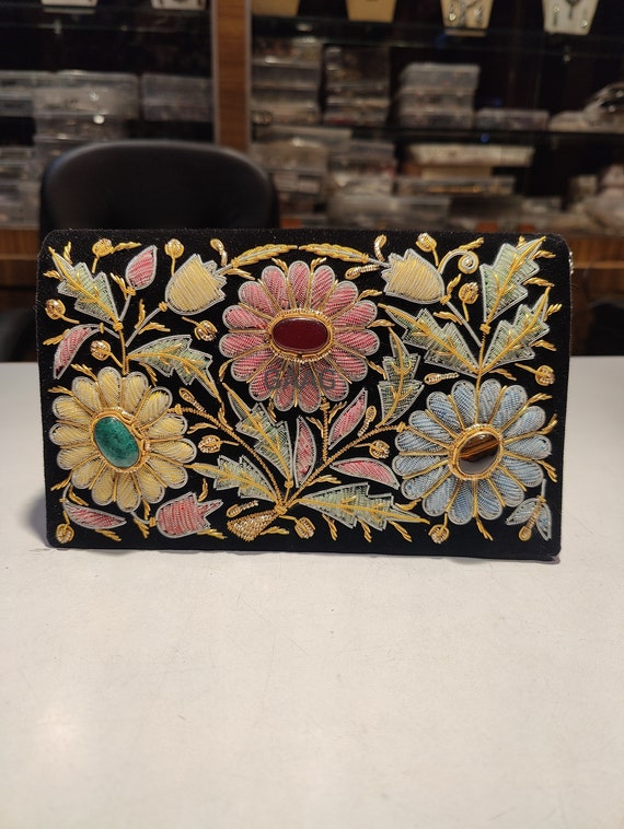 Luxury Zardozi Velvet Clutch With Semi-precious Stones | Hand