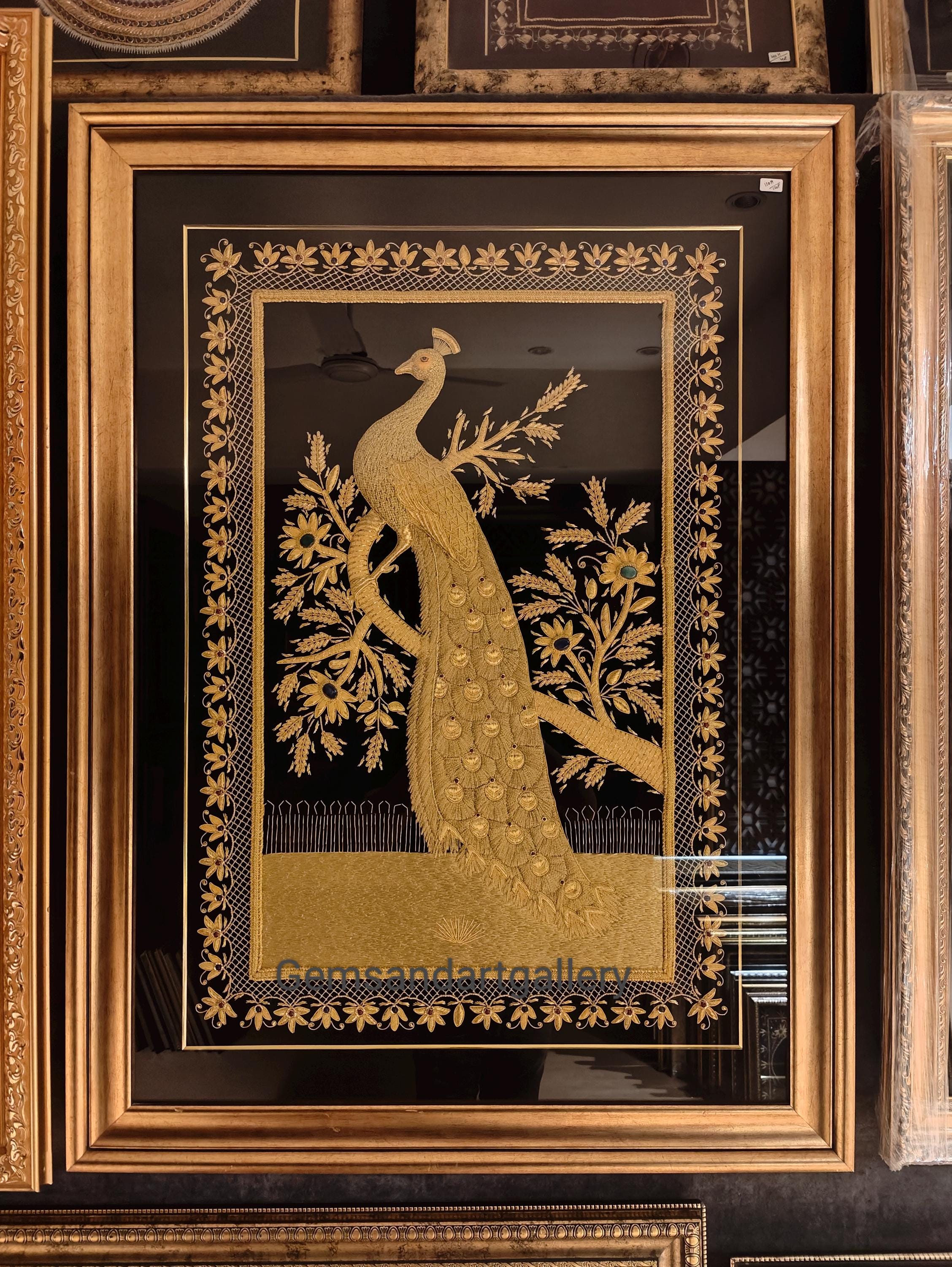 Padamshree Artist Zardozi Peacock Wall Art | Framed Hand