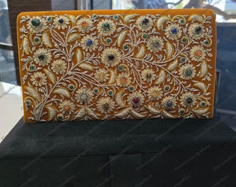 Luxury Zardozi Velvet Clutch with Semi-Precious Stones | Hand-Embroidered Floral Evening Bag | Wedding & Festive Purse | Made in Agra