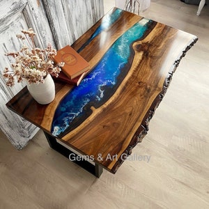 Rectangular Epoxy Table Top with Acacia Wood | Dining Table Top |  Live Edge Wooden Table Top | Resin River Table Top (Customisable)