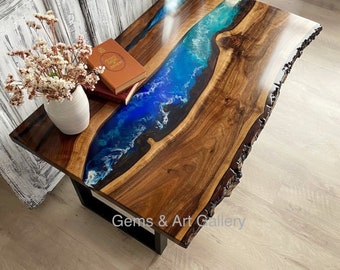 Rectangular Epoxy Table Top with Acacia Wood | Dining Table Top |  Live Edge Wooden Table Top | Resin River Table Top (Customisable)