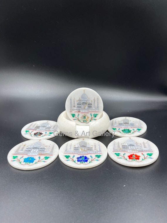 タージ・マハル 大理石コースターセット 石の象嵌細工付き (6 個セット