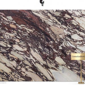 Puede incluir: Una losa rectangular de piedra pulida con un patrón complejo y arremolinado de vetas de color burdeos intenso, marrón oscuro y blanco crema. Un pequeño letrero dorado en un soporte fino en la esquina inferior derecha muestra el texto GemsAndArtGallery.