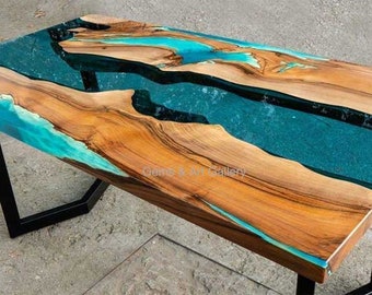 Dessus de table en époxy bleu clair avec bois d'acacia, table à manger, table en bois Live Edge, table de rivière en résine (peut être personnalisée)