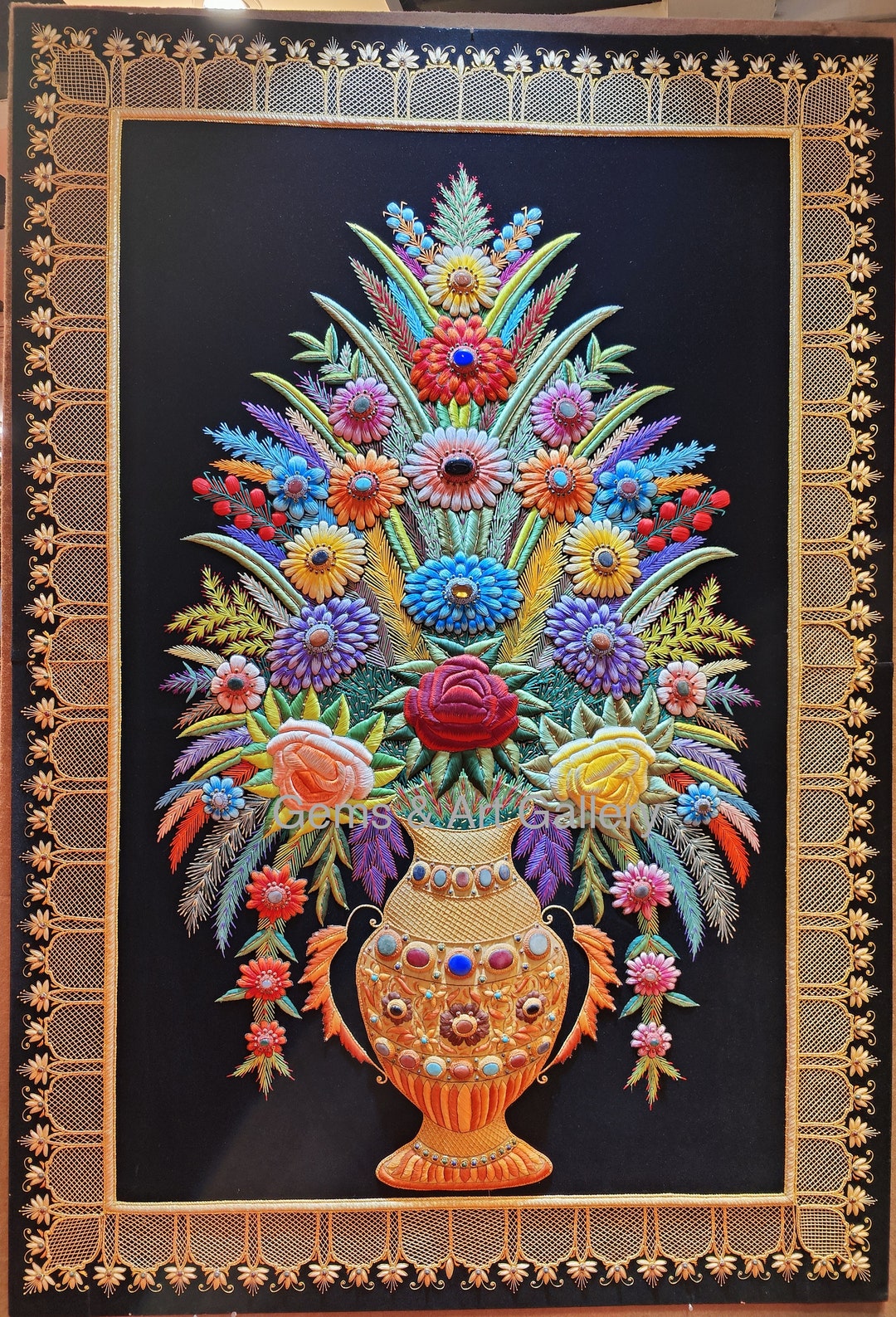 Royal Ancient Silk Jewel Art Wall Hanging Hand Embroided Multicolor
