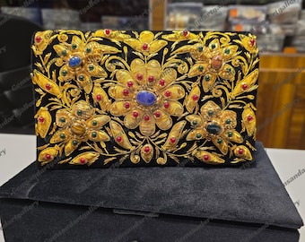 Cartera de lujo de terciopelo Zardozi con piedras semipreciosas / Bolso de noche con flores bordadas a mano / Monedero para bodas y fiestas / Hecho en Agra
