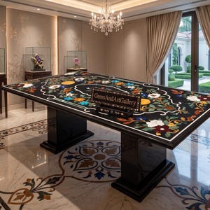 Luxury Black Marble Pietra Dura Table Top | Semi Precious Gemstone Inlay Table Top | (Customisble)