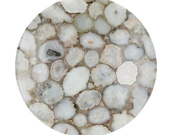 Round White Agate Slice Table Top | Quartz Gemstone Side Table Top Mosaic Art | (Customisable)
