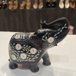 Handacarved Black Marble Elephant studded with Real Gemstones | Marble Elephant with Trunk Up | Showpiece | Gifting | (6 Inches)