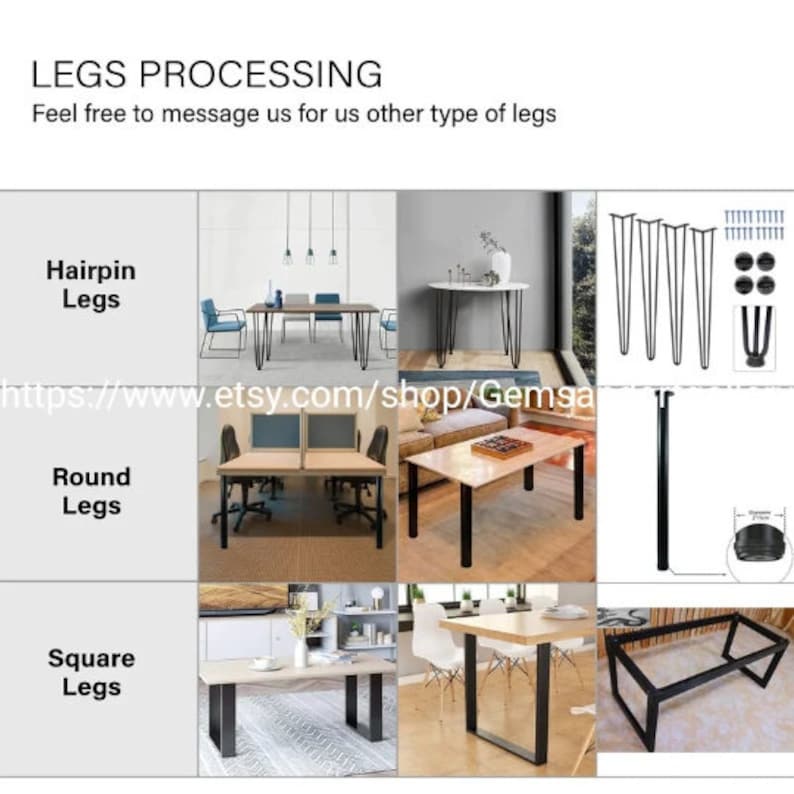 May include: A collage of different table leg styles, including hairpin legs, round legs, and square legs. The image shows various table leg options for furniture makers and DIY enthusiasts.