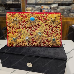 Cartera Zardozi con diseño vintage bordado a mano y piedras semipreciosas (25 x 15 x 5 cm)
