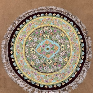 Round Zardozi Gem Tapestry | Floral Velvet Wall Hanging | Pastel Hand Embroidered Indian Art with Gemstones & Silver Fringe
