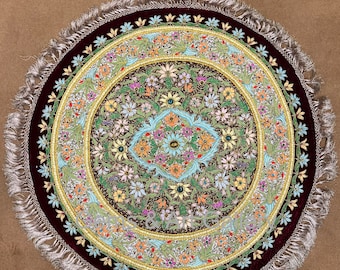 Round Zardozi Gem Tapestry | Floral Velvet Wall Hanging | Pastel Hand Embroidered Indian Art with Gemstones & Silver Fringe