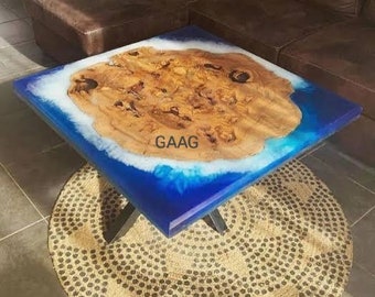 Quadratische Epoxidharz-Tischplatte mit Akazienholz, Esstisch, Harz-Flusstisch (kann gemäß Größe und Design angepasst werden)