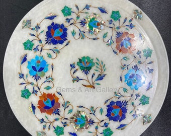 Makrana Marble Plate Studded with Real Gemstone | Marble Pietre Dura Inlay Artwork with Stands (12 inches)