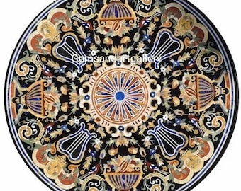 Handgefertigte runde Marmor Couchtischplatte mit Edelsteinen (Pietre Dura) Artwork Inlay Work (individualisierbar)