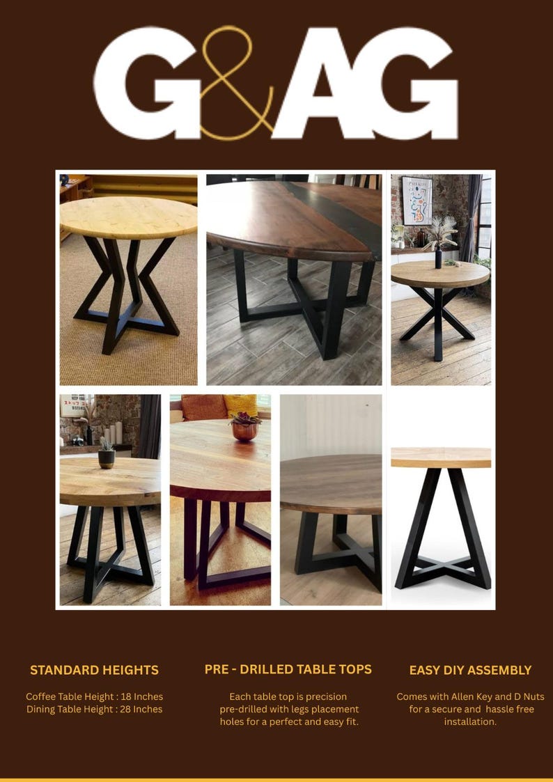 May include: A collage of round wooden tables with black metal X-shaped legs. Text includes G&AG, STANDARD HEIGHTS, Coffee Table Height: 18 Inches, Dining Table Height: 28 Inches, PRE-DRILLED TABLE TOPS, and EASY DIY ASSEMBLY with Allen Key and D Nuts.