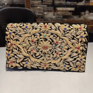 Luxury Zardozi Velvet Clutch with Semi-Precious Stones | Hand-Embroidered Floral Evening Bag | Wedding & Festive Purse | (Size 8x5x2 Inches)