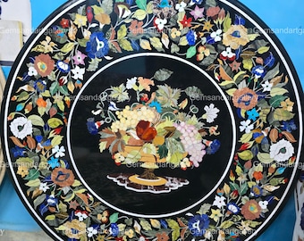 48" Black Marble Gemstone Inlay Table Top | Round Fruit Basket Floral Vines | Pietra Dura Coffee Dining Table | Luxury Decor