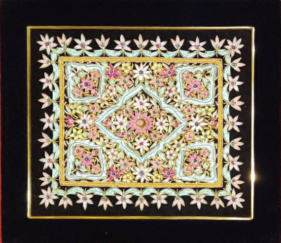 Royal Ancient Silk Jewel Art Wall Hanging Hand Embroidered Jewel Carpet on  Black Velvet With Gemstones Size 41x1.25x36 Cm 