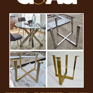 May include: A set of metal table legs with a cross-base design in silver and gold finishes. The image displays a glass-topped dining table, silver legs, and gold legs. Text includes G&AG, Standard Heights: 18 inches and 28 inches, Pre-drilled table tops, and Easy DIY assembly.