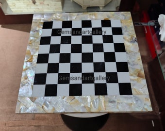 Mesa de ajedrez de mármol cuadrada hecha a mano con incrustaciones de piedras preciosas de nácar (Pietre Dura) (tamaño 12.0 x 12.0 in)