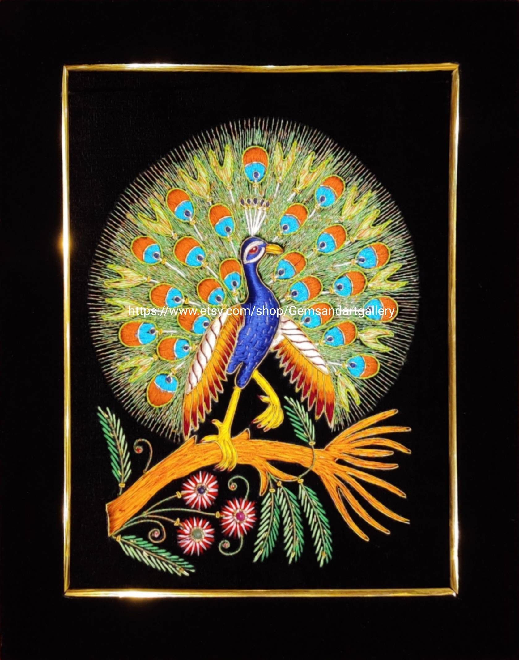 孔雀と木蓮のキルティングアート・タペストリー タペストリー 壁掛け ハンガーポスター 掛け軸風 水墨画 孔雀 アジアン