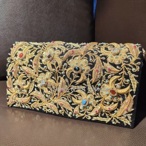 Luxury Zardozi Velvet Clutch with Semi-Precious Stones | Hand-Embroidered Floral Evening Bag | Wedding & Festive Purse | Made in Agra