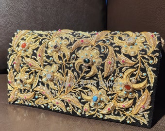 Luxury Zardozi Velvet Clutch with Semi-Precious Stones | Hand-Embroidered Floral Evening Bag | Wedding & Festive Purse | Made in Agra