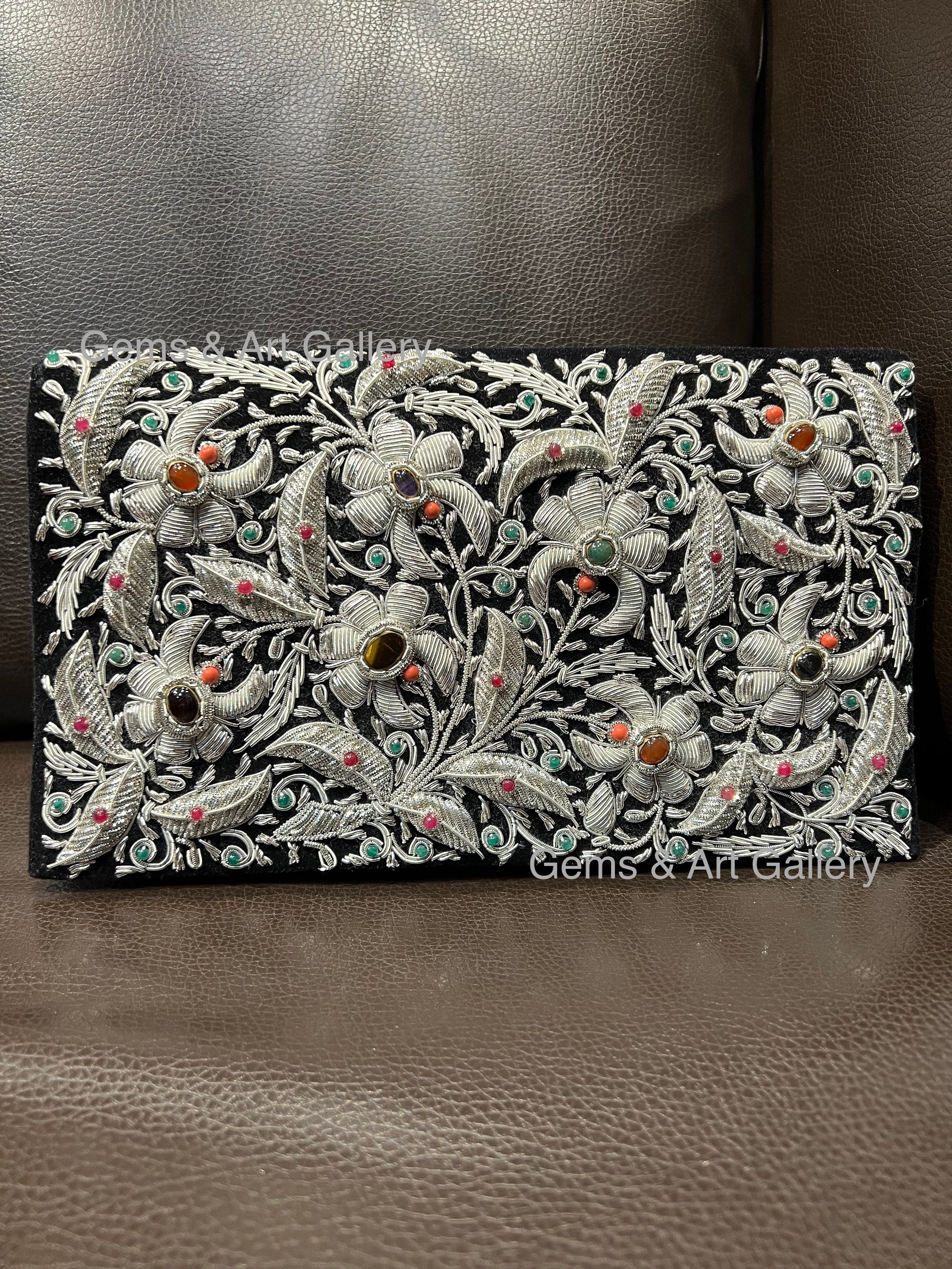 Zardozi Clutch with Vintage Hand-embroidery Design & Semi Precious Gemstones (Size 10x6x2 Inches)