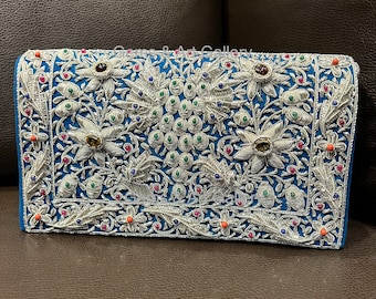 Zardozi Clutch with Vintage Hand-embroidery Design & Semi Precious Gemstones