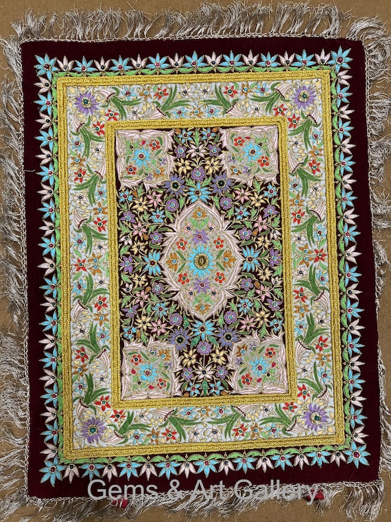 Royal Ancient Zardosi Jewel Art Wall Hanging Hand Embroidered Multi  Coloured Jewel Carpet 