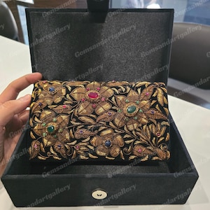 Luxury Zardozi Velvet Clutch with Semi-Precious Stones | Hand-Embroidered Floral Evening Bag | Wedding & Festive Purse (Size 8x5x2 Inches)