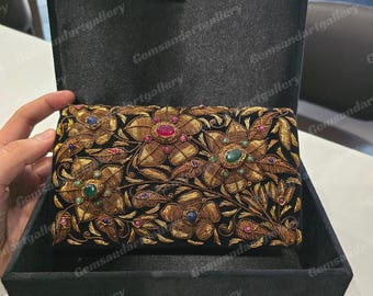 Luxury Zardozi Velvet Clutch with Semi-Precious Stones | Hand-Embroidered Floral Evening Bag | Wedding & Festive Purse (Size 8x5x2 Inches)