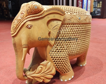 Wooden Elephant Sculpture | Teak Carved Elephant Figure | Handmade Luxury Home Decor (Size 14x7x12 inches)