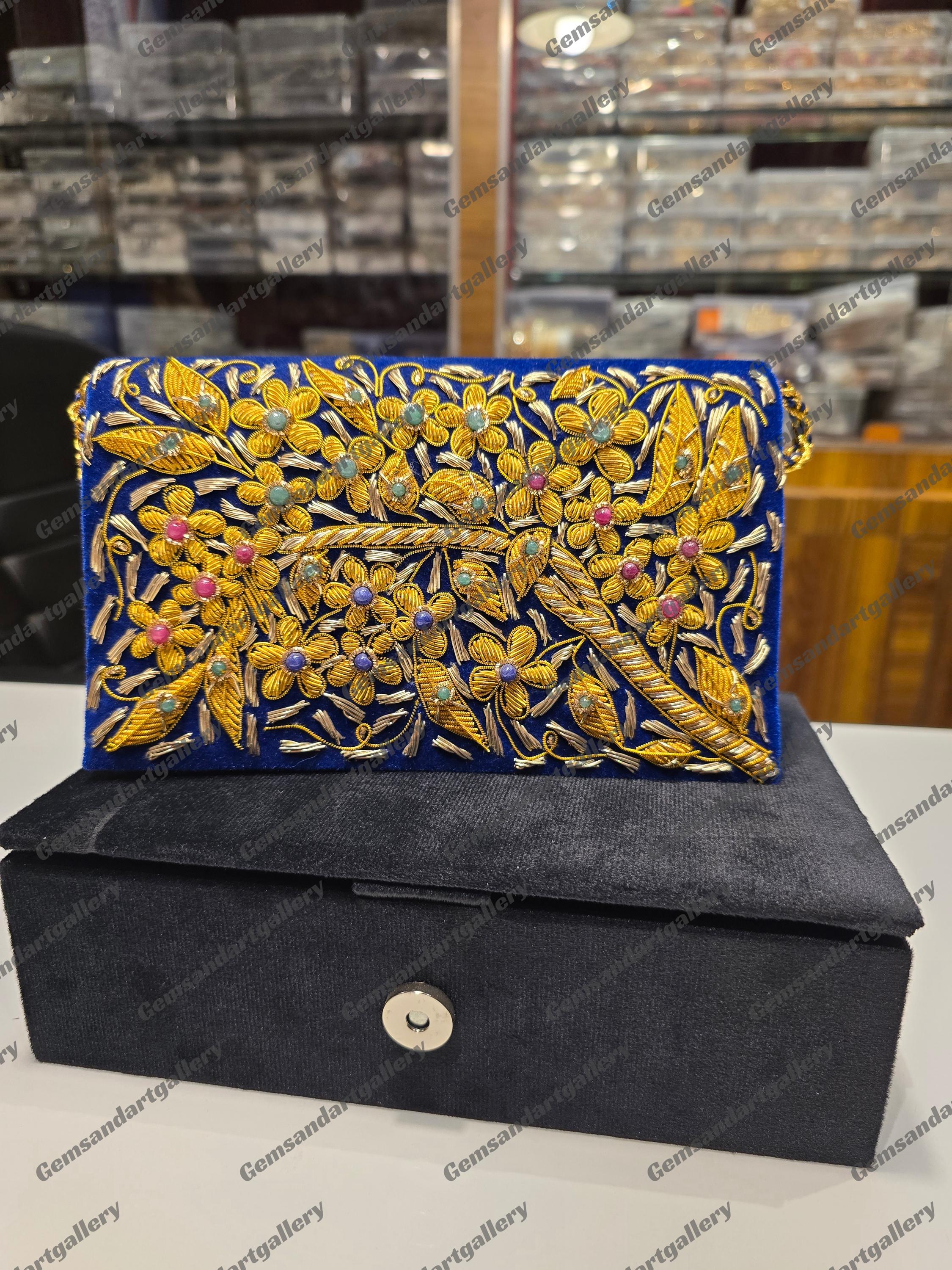 Luxury Zardozi Velvet Clutch With Semi-precious Stones | Hand