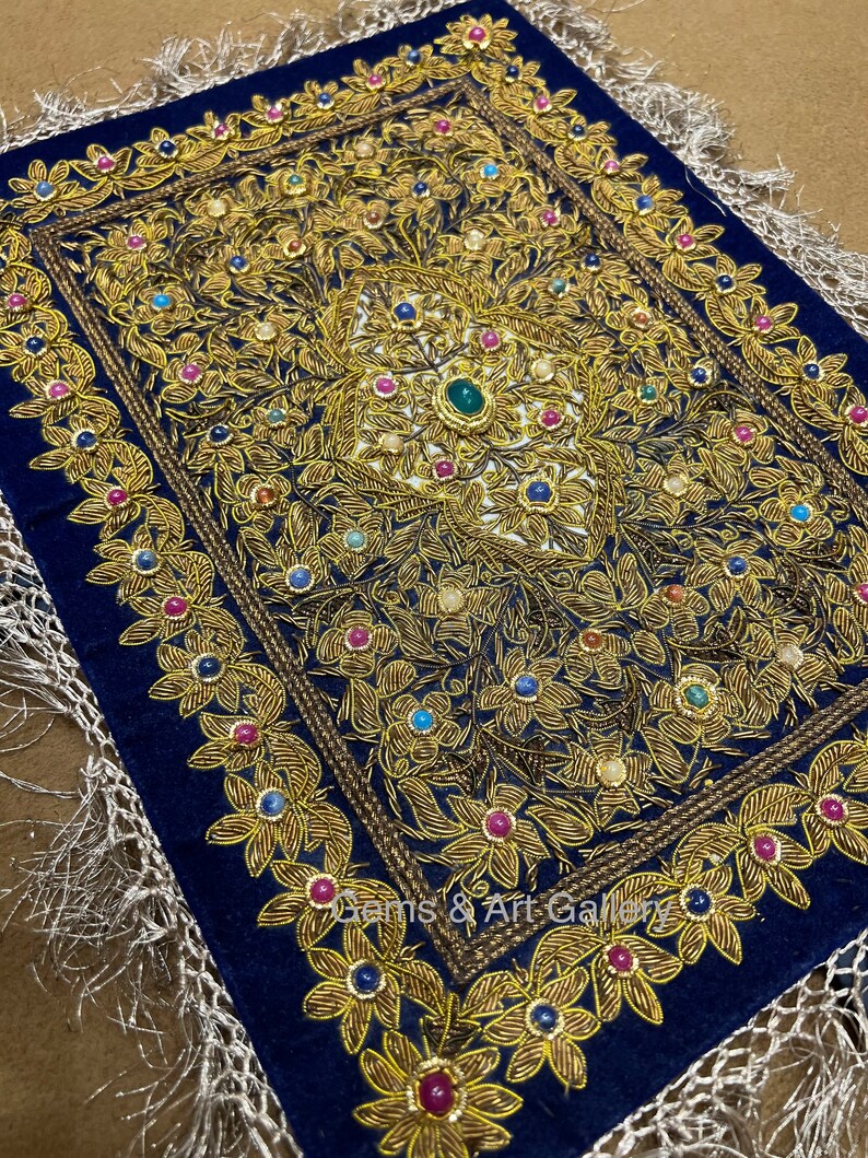 Royal Silk Jewel Art Hand Embroidered Wall Hanging Jewel Carpet on Blue