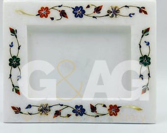 Handmade Marble Photo Frame with Real Gemstones | Pietre Dura Art Inlay Work (Size 10 x 8 Inches)